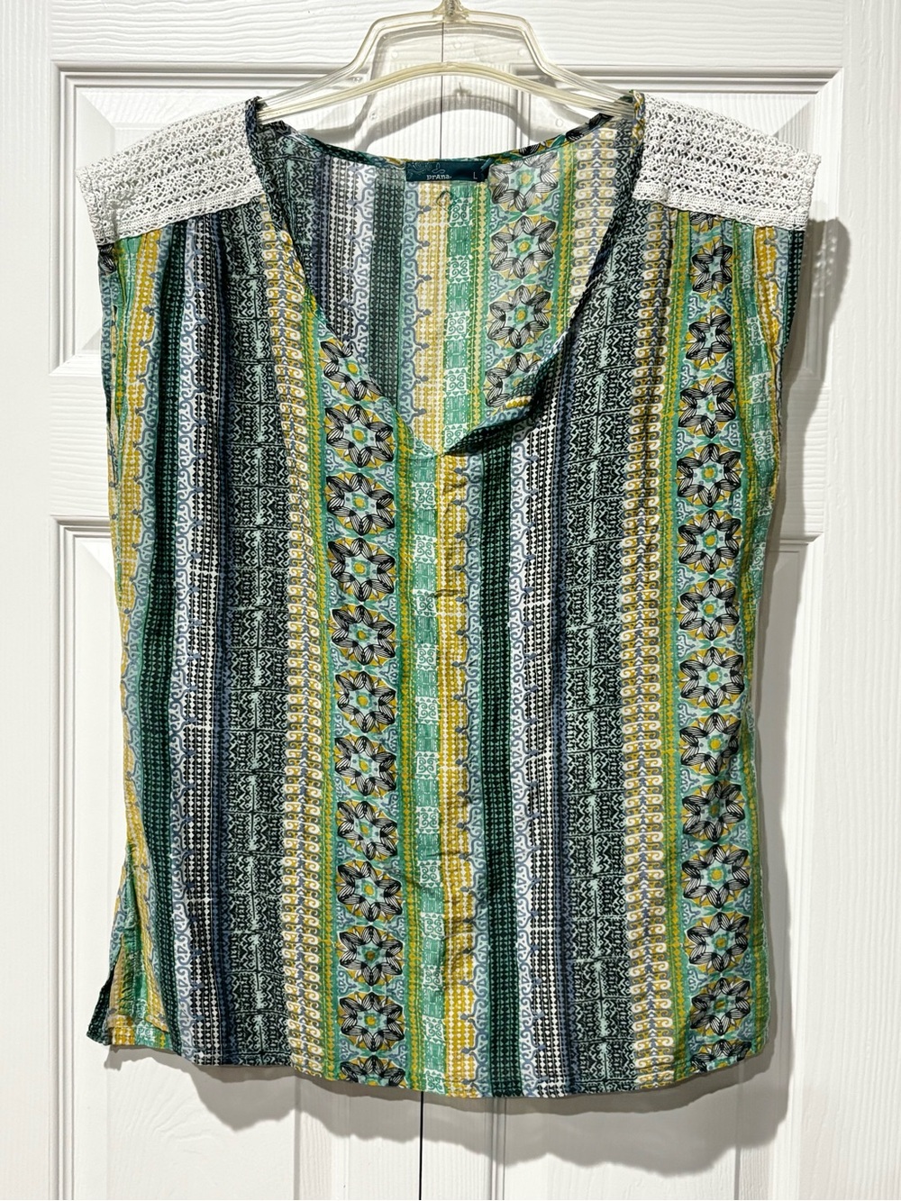 Prana Green Yellow Stripe & Floral Crochet-Shoulder Sleeveless Top